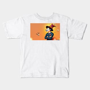 Cartoon man in witch hat surrounded by pumpkins Kids T-Shirt